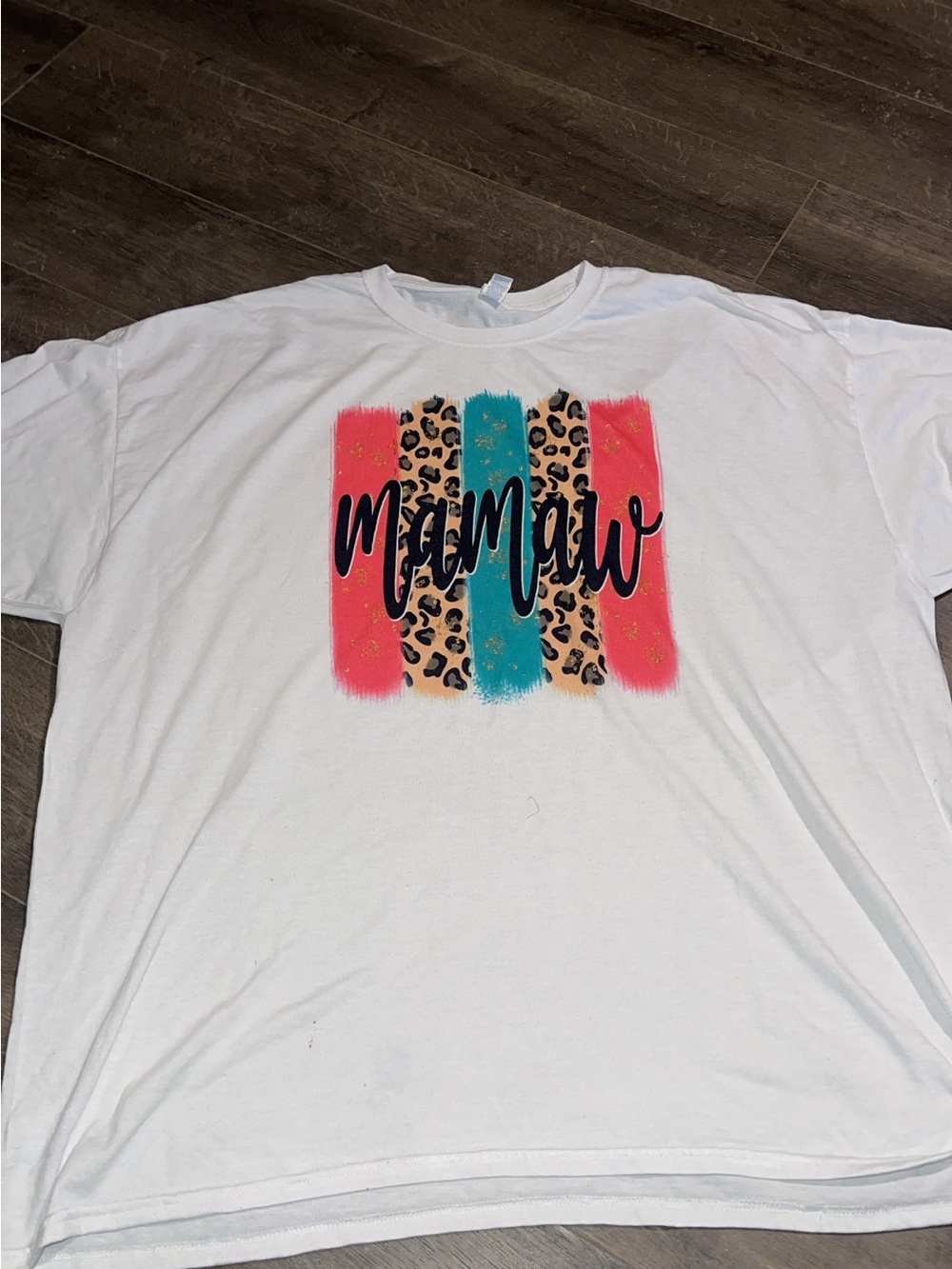 White Short-Sleeve Graphic Tee with Neon Pink, Teal & Leopard Accent